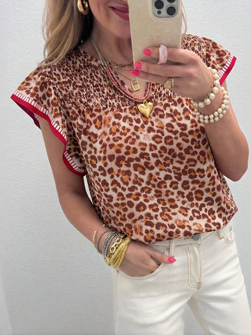 Leopard Print Flutter Sleeve Chiffon Blouse