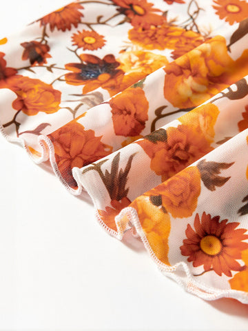 Floral Mesh Mock Neck Crop Top