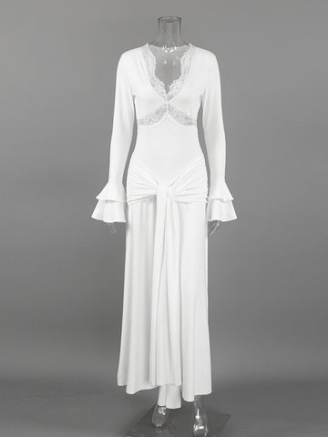 Lace Trimmed Ruched Maxi Dress