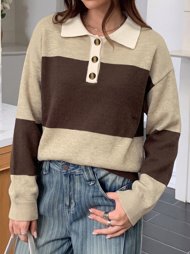 Oversized Striped Polo Collar Sweater
