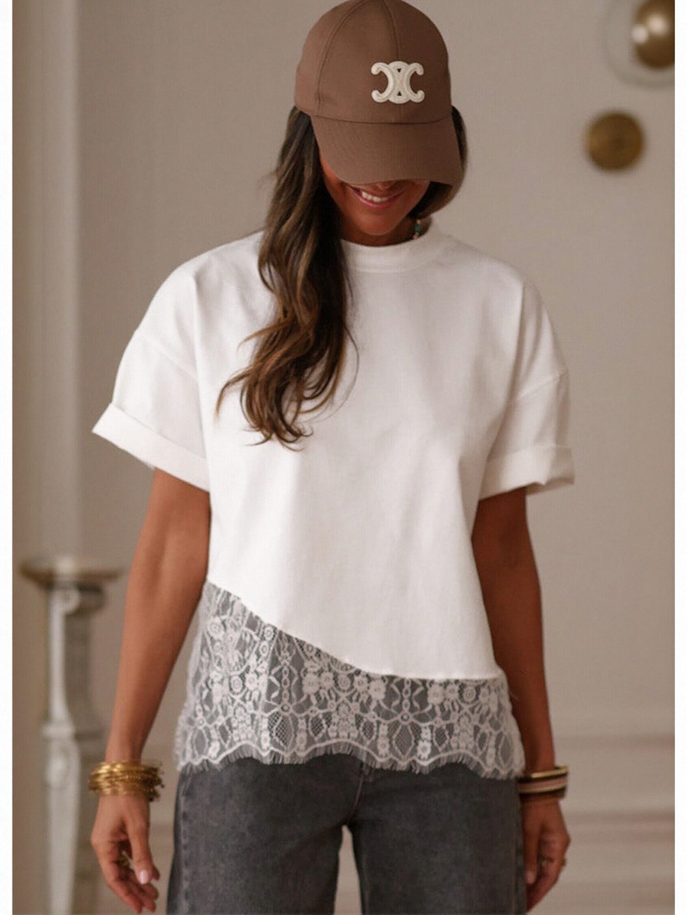 Lace Trim Casual Boxy T Shirt