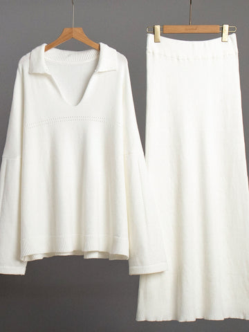 Cozy Collared Knit Sweater Skirt Set