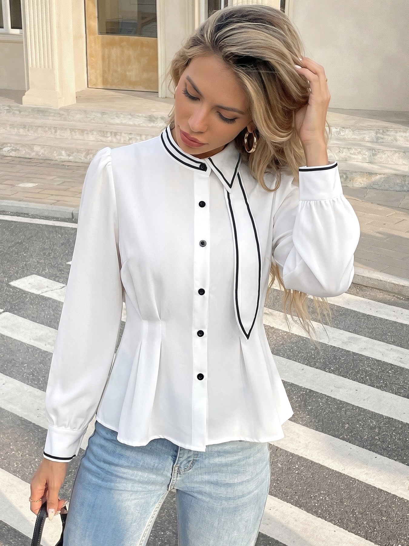 Elegant Contrast Trim Button Up Shirt