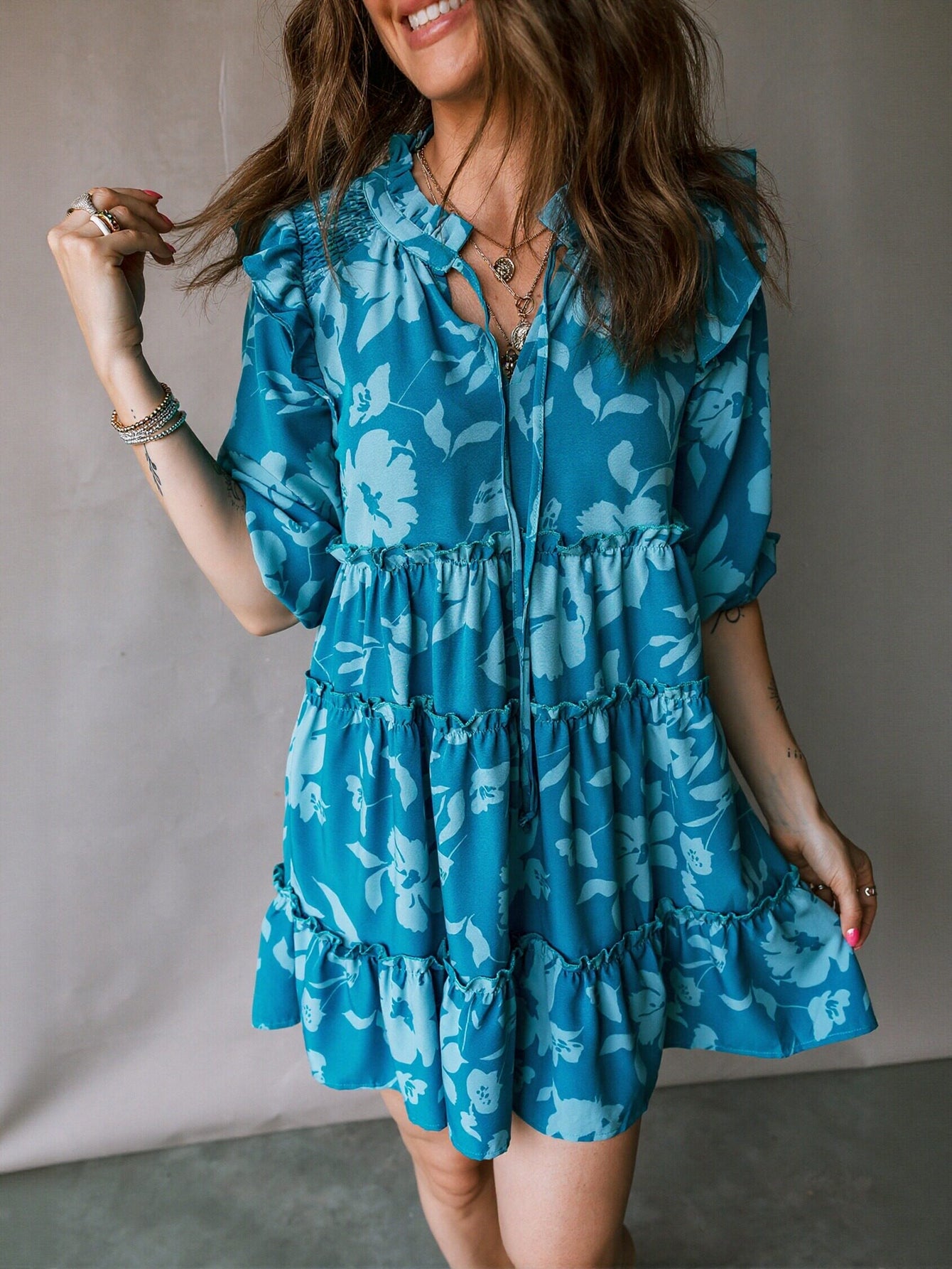 Floral Print Keyhole Neck Mini Dress
