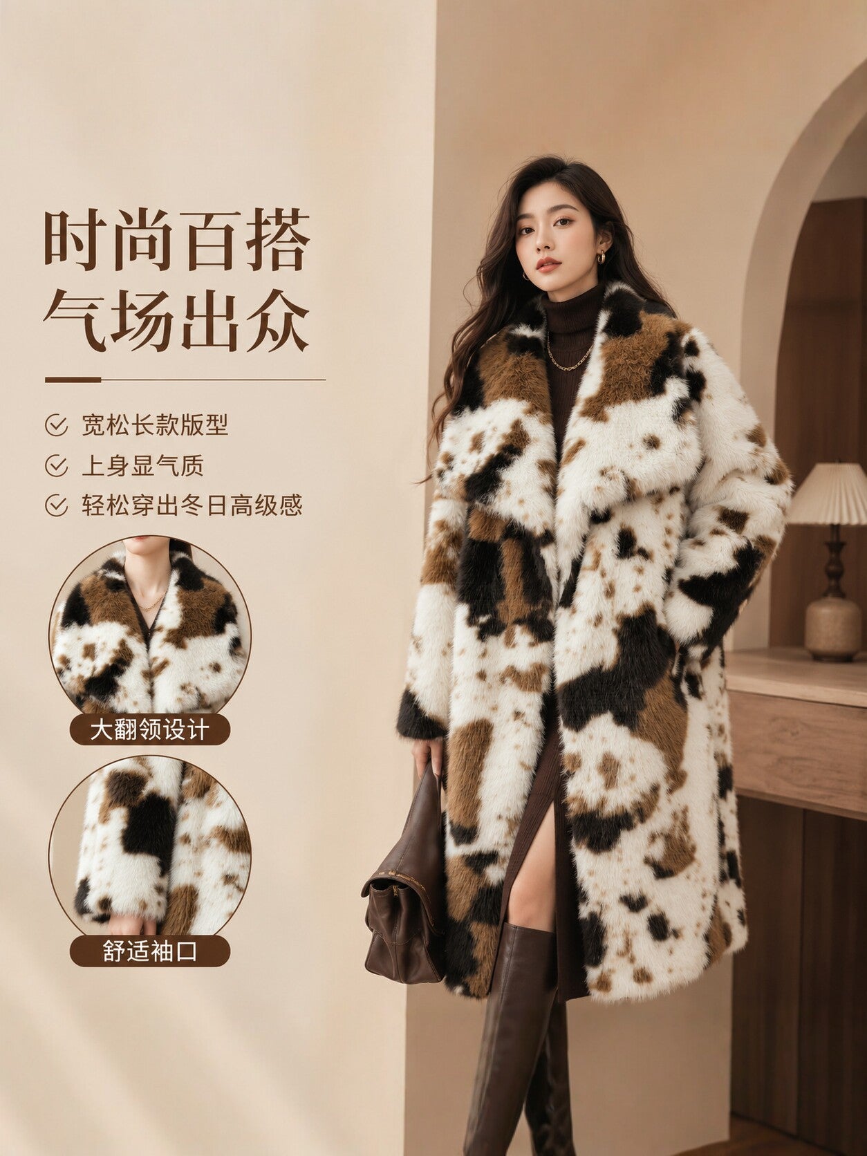 Luxurious Cow Print Faux Fur Coat