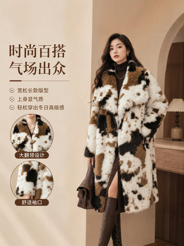 Luxurious Cow Print Faux Fur Coat