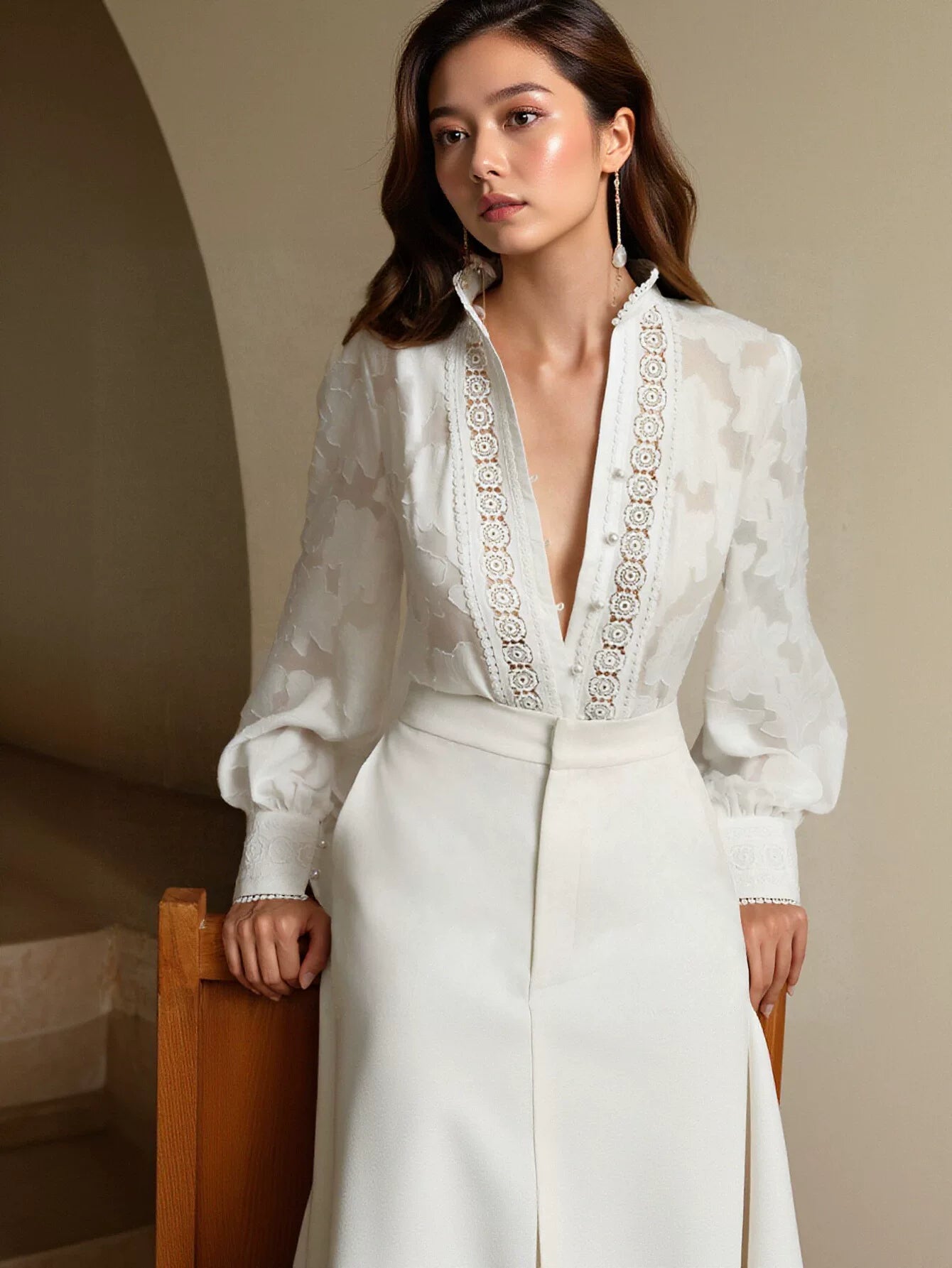 Sheer Floral Embroidered Button Down Shirt