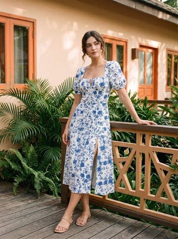 Floral Print Puff Sleeve Tie MidiDress
