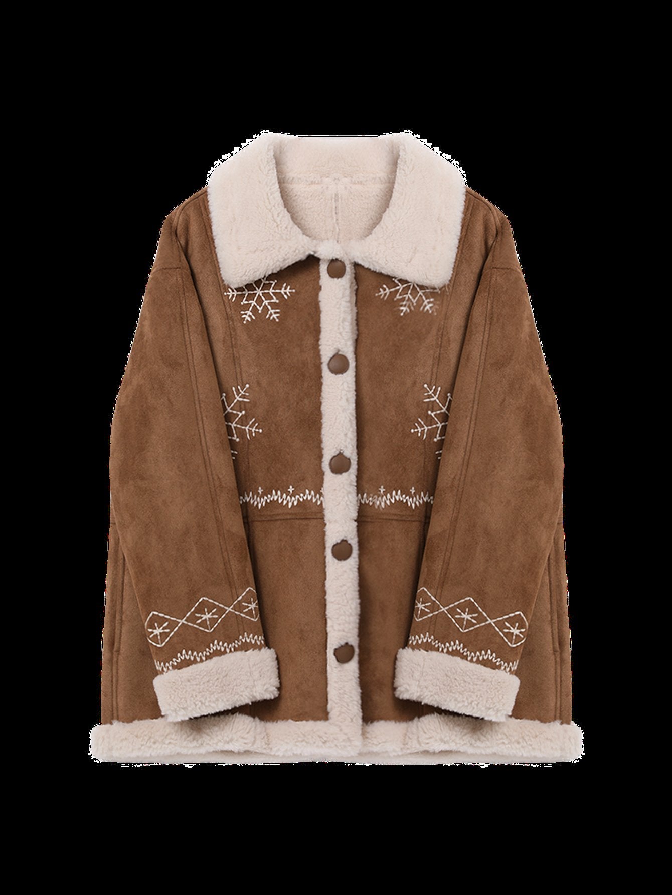 Embroidered Snowflake Faux Suede Sherpa Coat