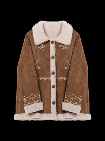 Embroidered Snowflake Faux Suede Sherpa Coat