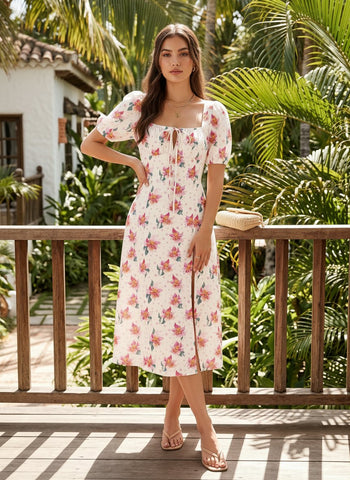 Floral Print Puff Sleeve Tie MidiDress