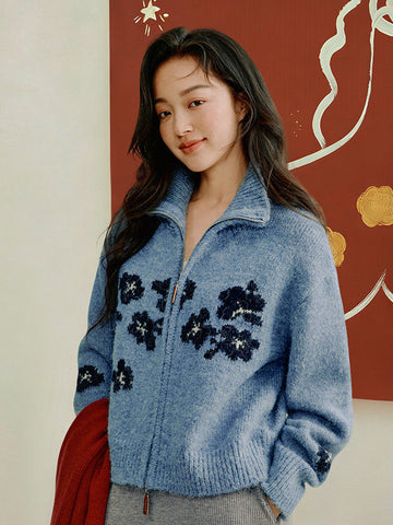 Soft Wool Blend Floral Zip Cardigan