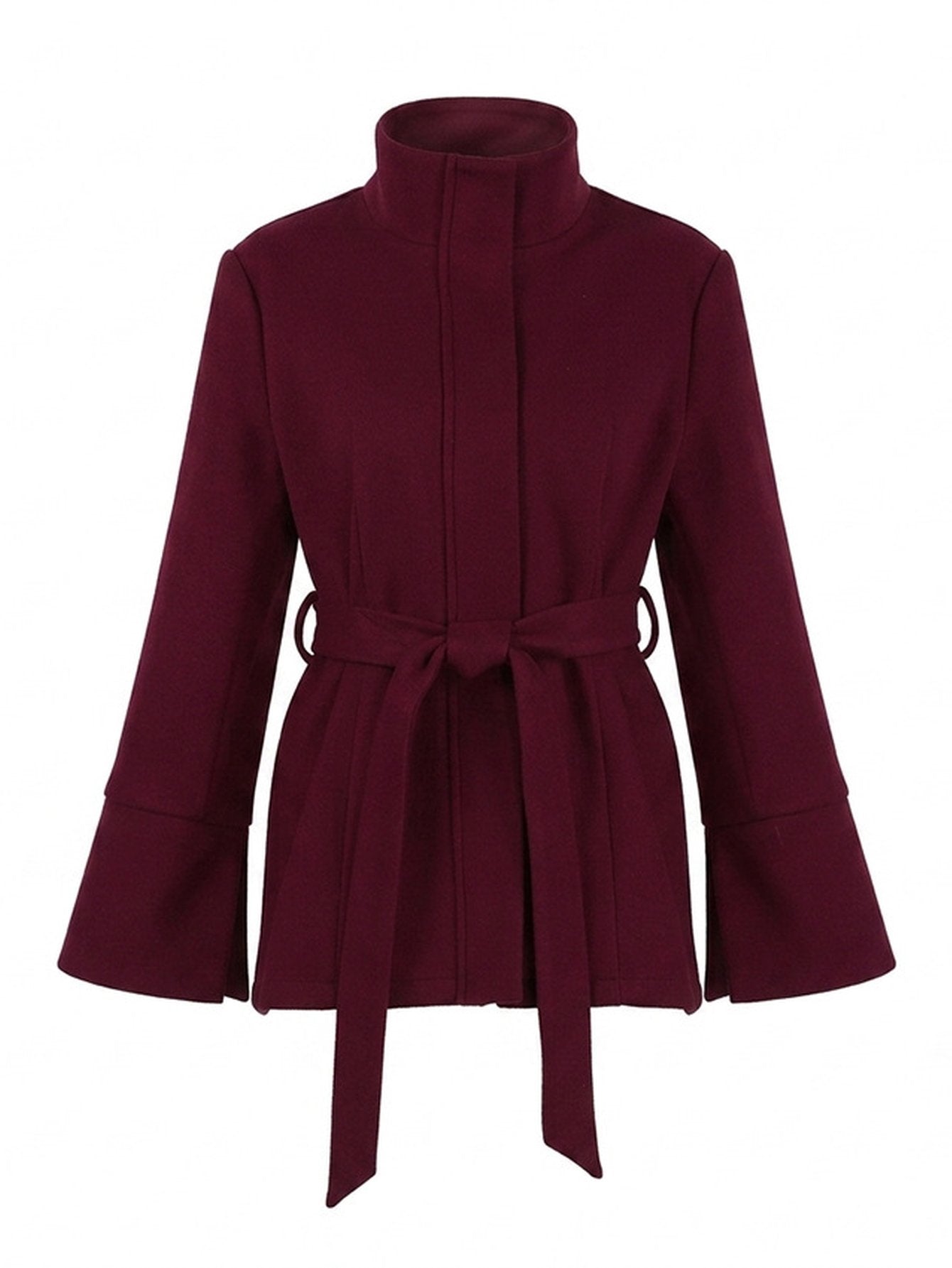 Stand Collar Belted Wool Coat