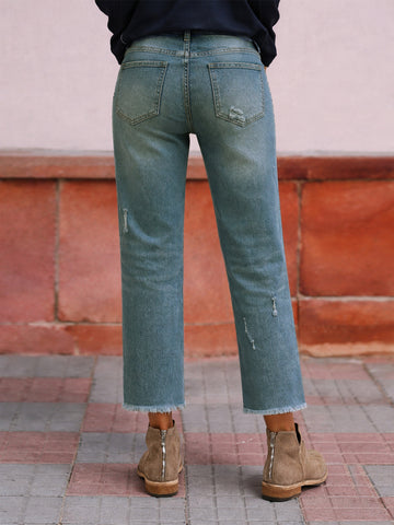 High Rise Distressed Straight Jeans