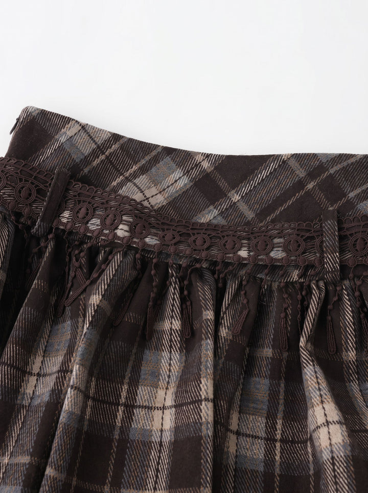 Plaid Lace Trim Bubble Mini Skirt