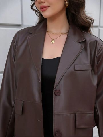 Classic Oversized Brown Faux Leather Blazer
