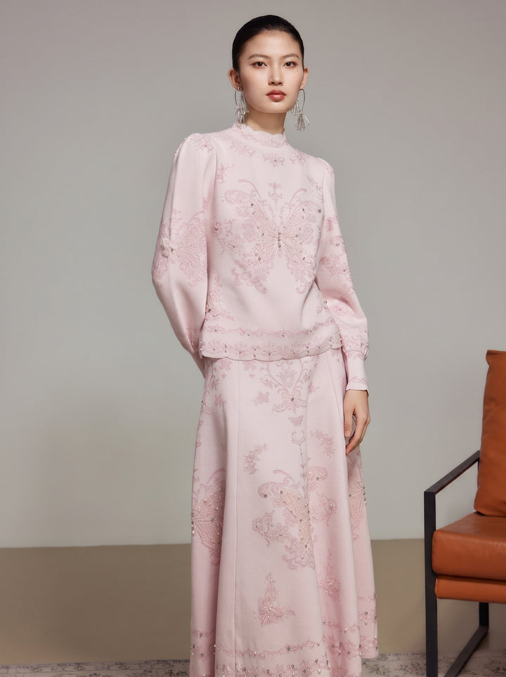 Embroidered Butterfly Pink A Line Skirt