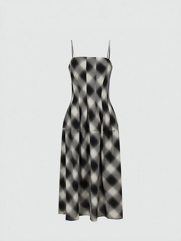 Contrast Check Strappy A-Line Midi Dresses