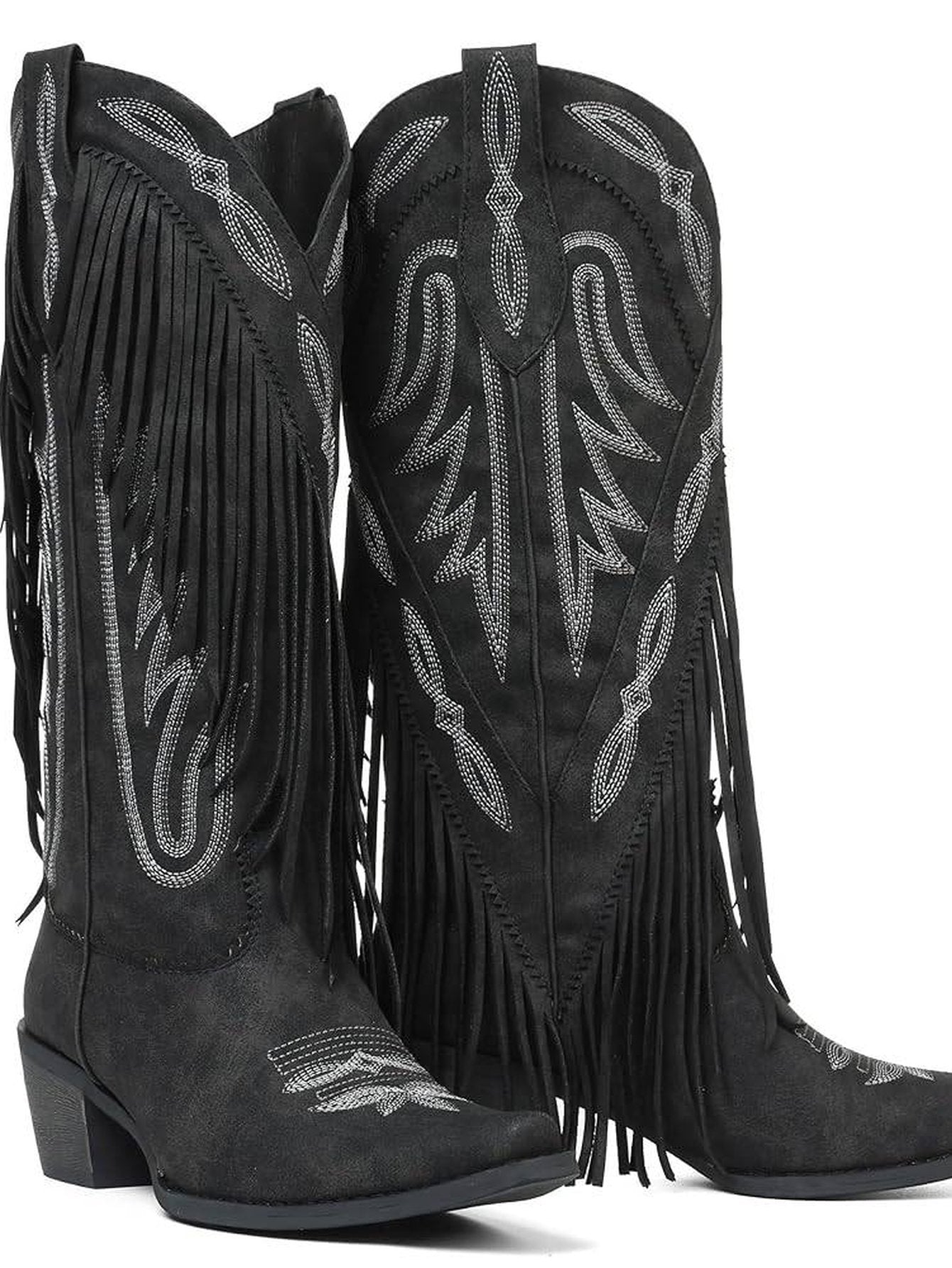 Embroidered Fringe Pointed-Toe Classic Western Cowboy Boots-Black