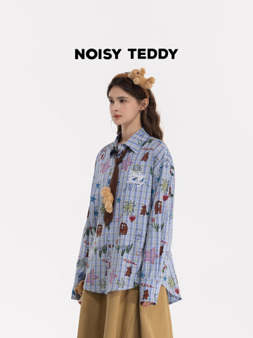 Oversized Plaid Doodle Print Button Up Shirt