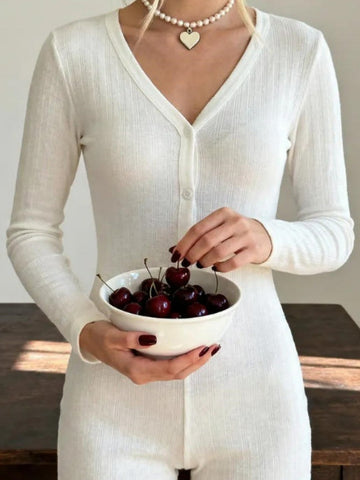 Ribbed Button Front Sleep Romper