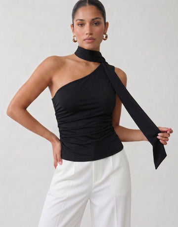 Ruched One Shoulder Scarf Tank Top