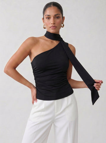 Ruched One Shoulder Scarf Tank Top