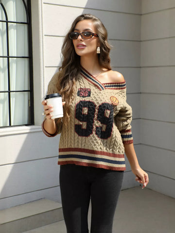 V Neck Varsity Cable Knit Sweater