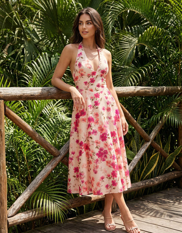 AURELIA Floral Print Halter Neck Tie Back Midi Dress