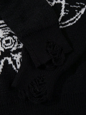 Oversized Graphic Distressed Knit Sweater