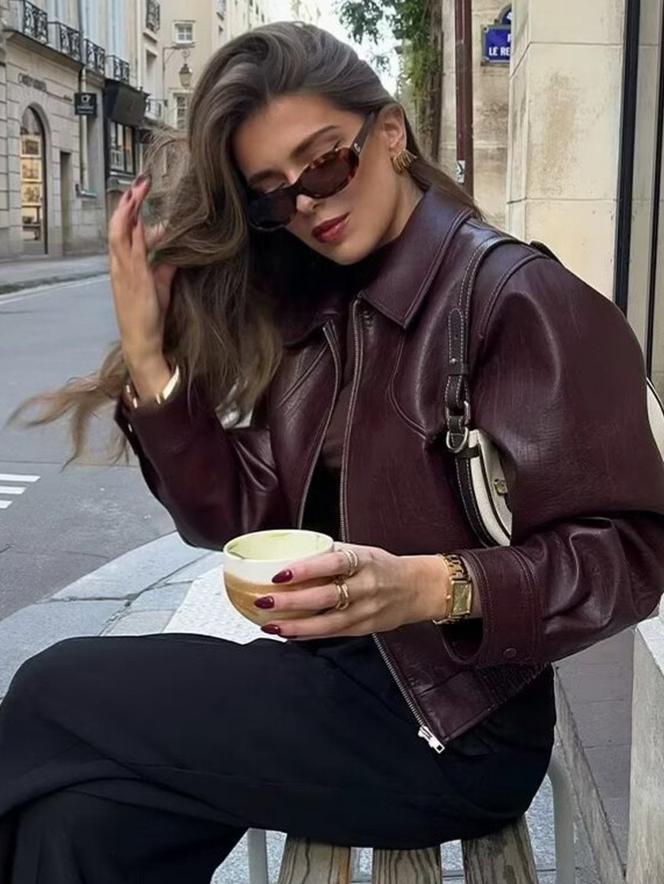 Burgundy Cropped Faux Leather Bomber Jacket