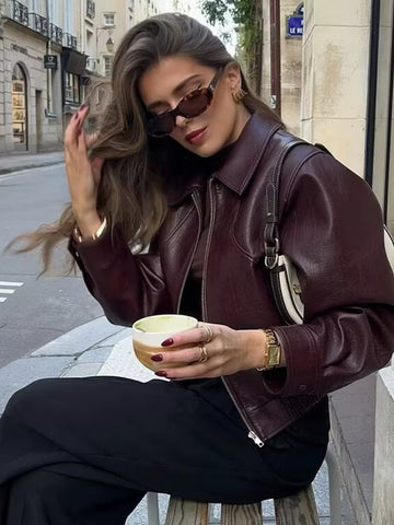 Burgundy Cropped Faux Leather Bomber Jacket
