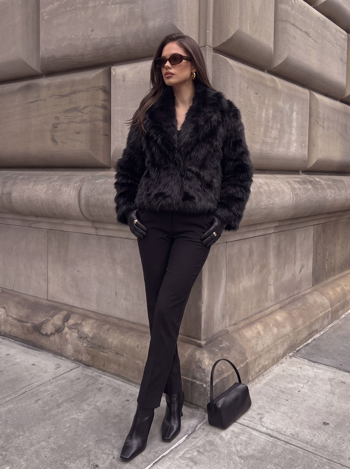 Elegant Black Cropped Faux Fur Coat