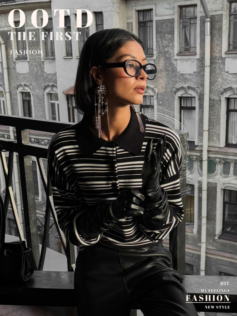 Oversized Striped Polo Collar Sweater