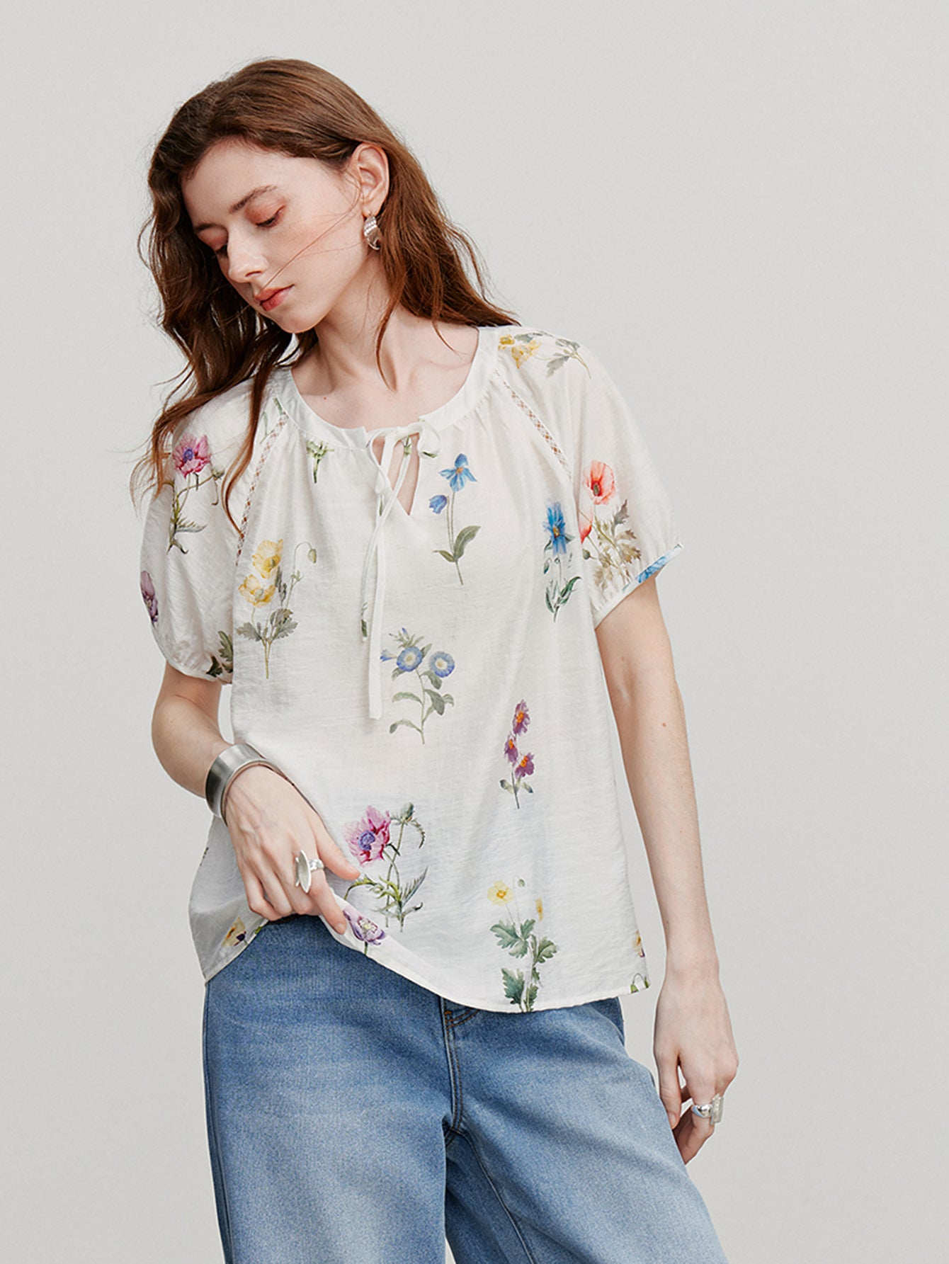 TOYOUTH Short Sleeve Floral Print Romantic Blouse