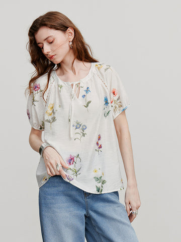 TOYOUTH Short Sleeve Floral Print Romantic Blouse