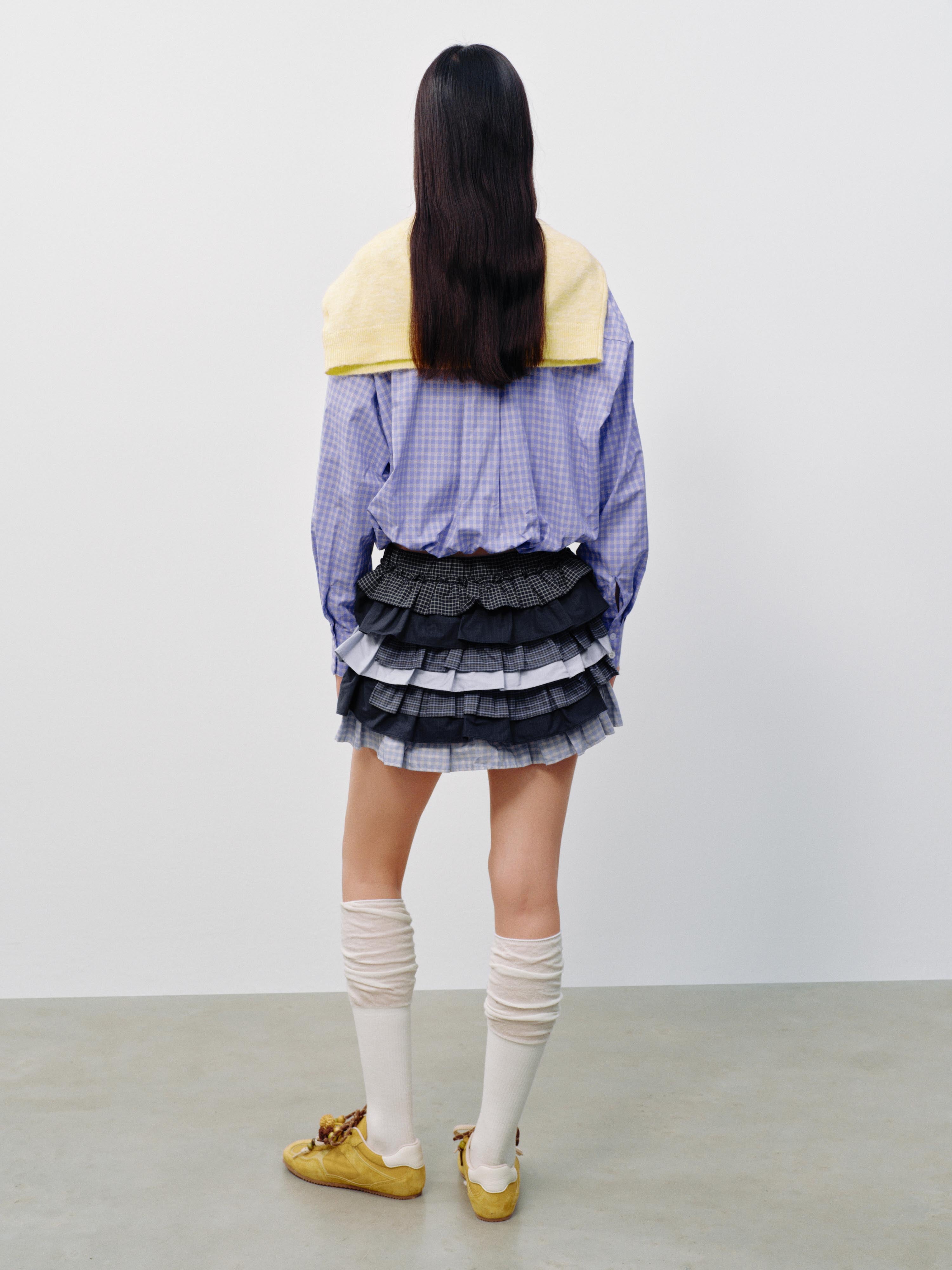 Urban Revivo Drawstring Contrast Check Tiered Ruffle A-Line Mini Skirts