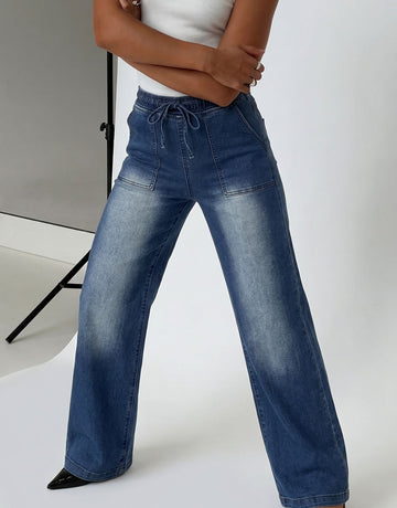 High Waisted Drawstring Wide Leg Jeans