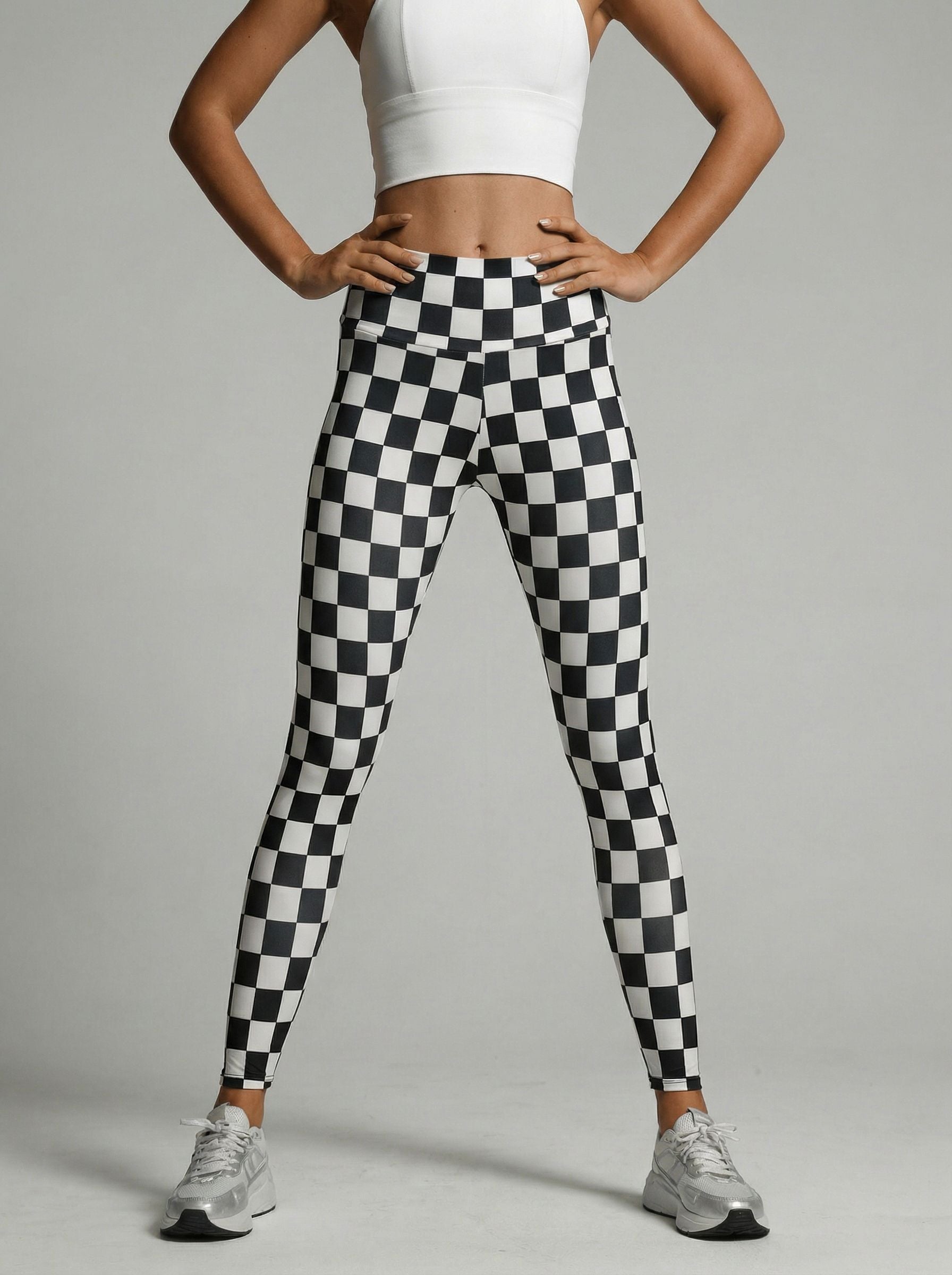 High-Waisted Checkered Yoga Pants-Black