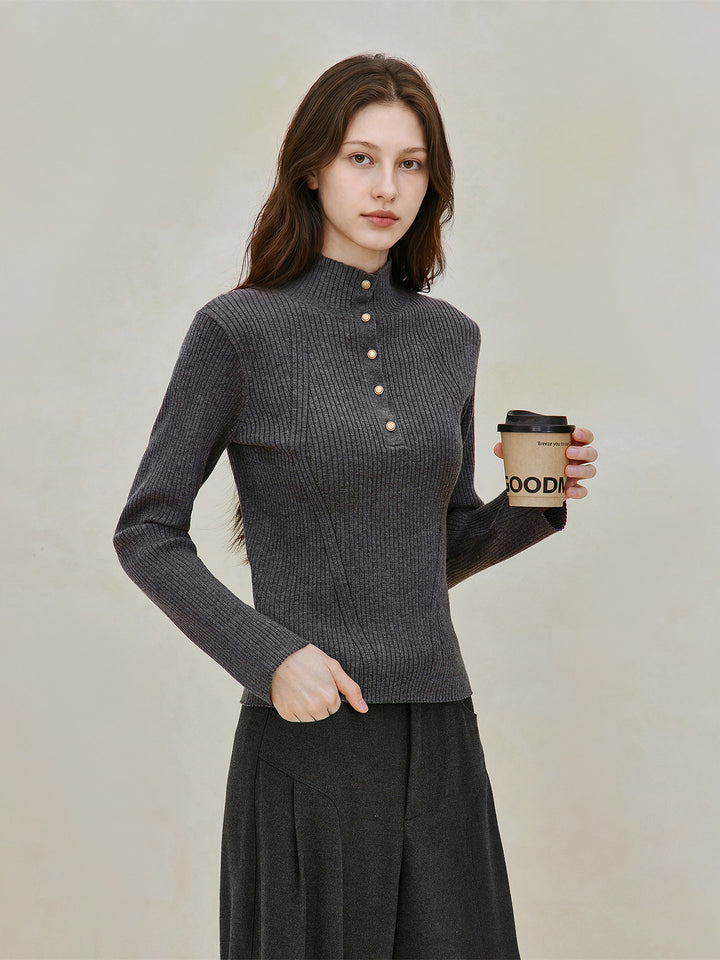 Button Mock Neck Ribbed Sweater