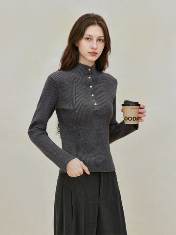 Button Mock Neck Ribbed Sweater