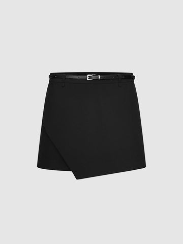 Urban Revivo Belted Asymmetric Overlay Detail Mini Skorts-Dark gray