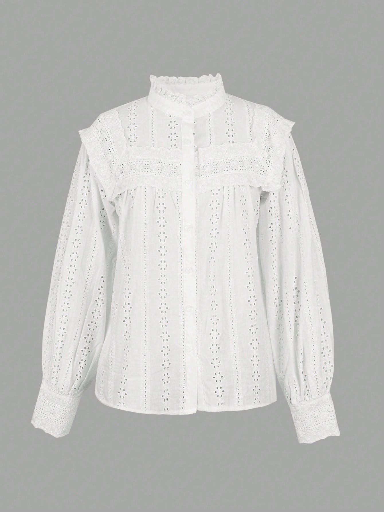 Three-quarter Sleeve Eyelet Detail Romantic Blouse-White