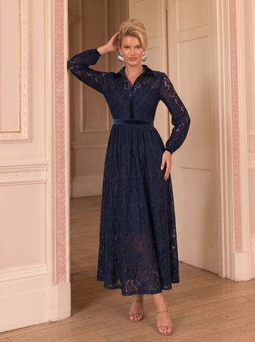 Elegant Navy Lace Midi Dress