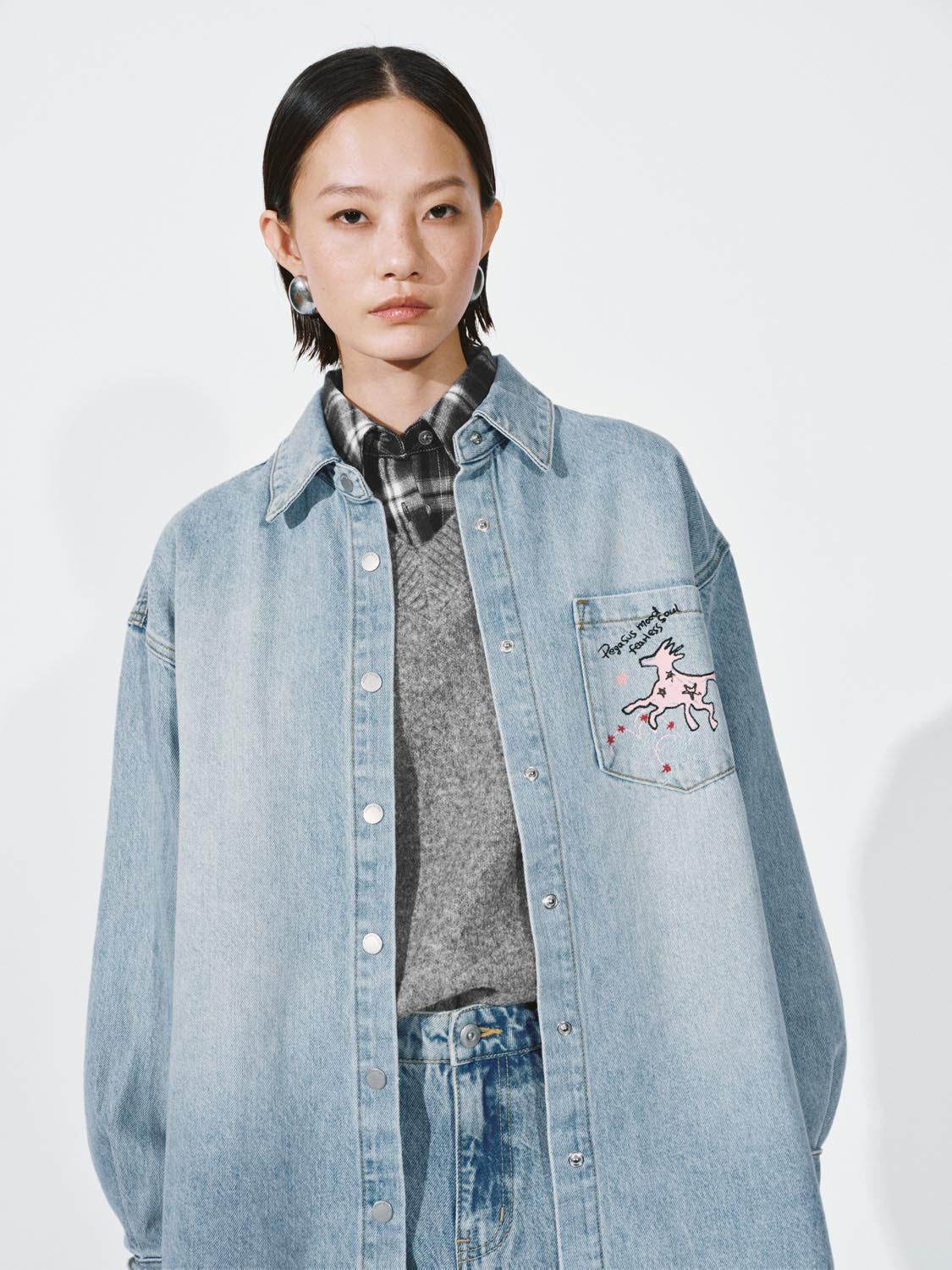Urban Revivo Embroidered Patch Pocket Denim Shirts-Sky Blue