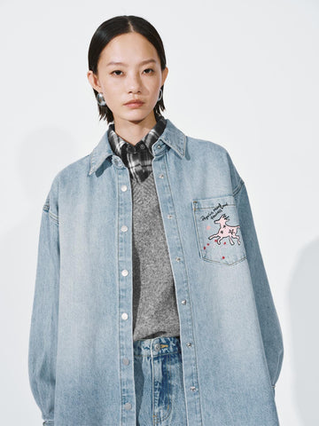 Urban Revivo Embroidered Patch Pocket Denim Shirts-Sky Blue