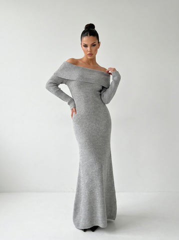 Off Shoulder Ribbed Knit Maxi Dress