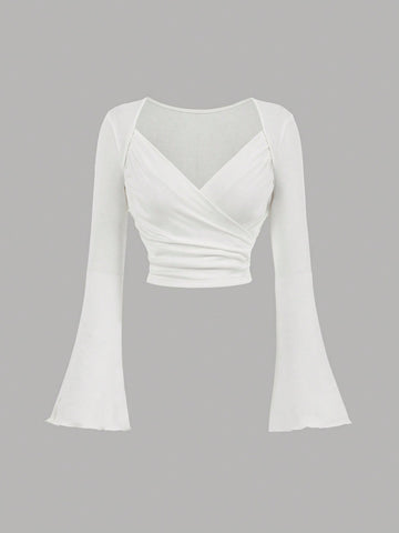 Ribbed Wrap Bell Sleeve Crop Top