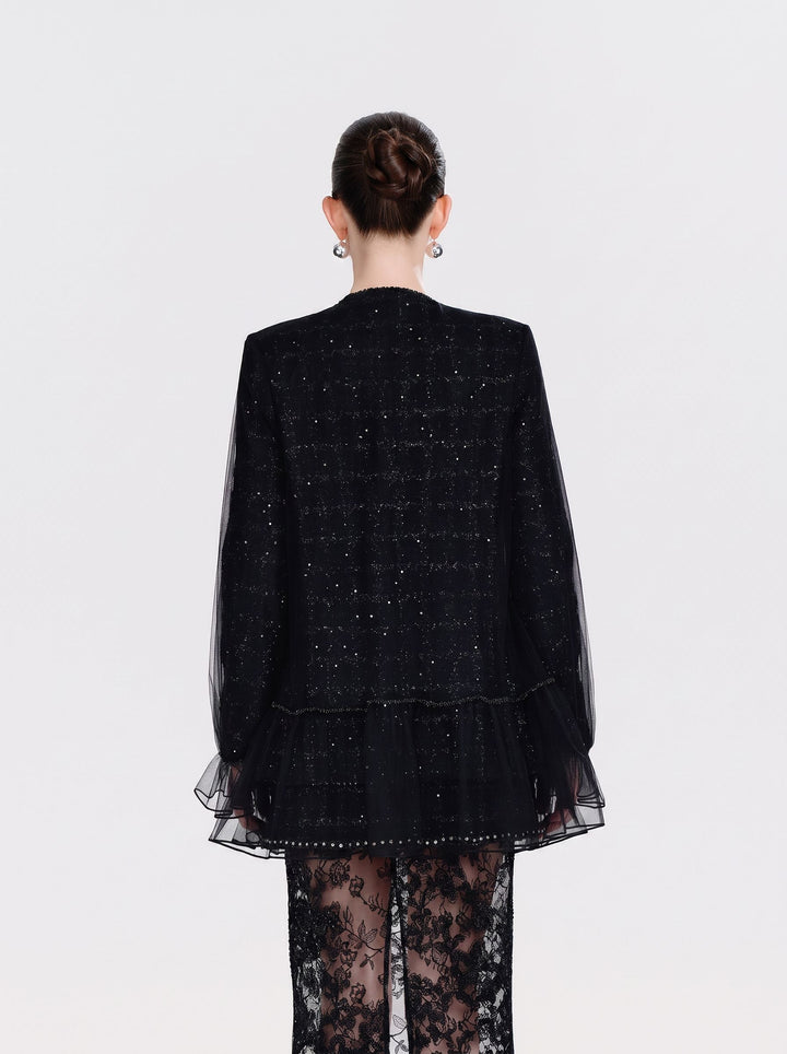 Shimmering Tweed Ruffle Trim Jacket