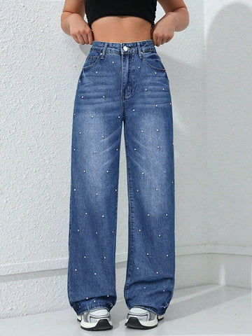 Rhinestone Embellished High Waisted Wide Leg Jeans